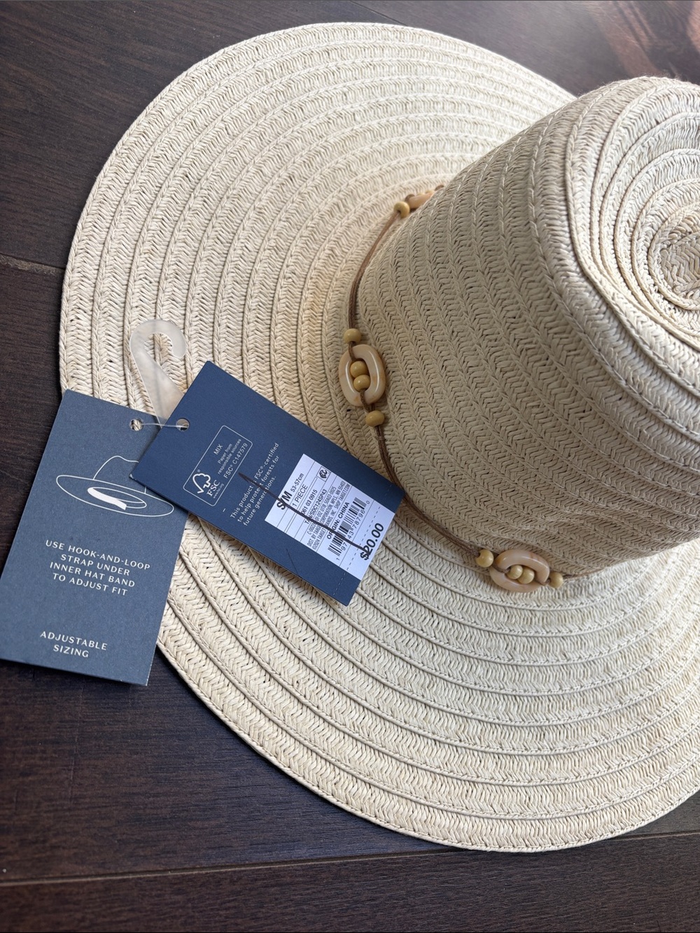 Natural Wide-Brim Straw Sun Hat with Beaded Trim